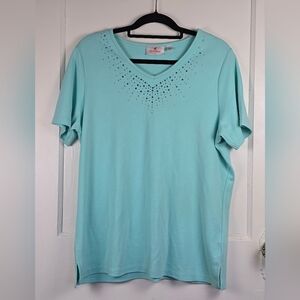 Quacker Factory Aqua Sparkle Knit Top L